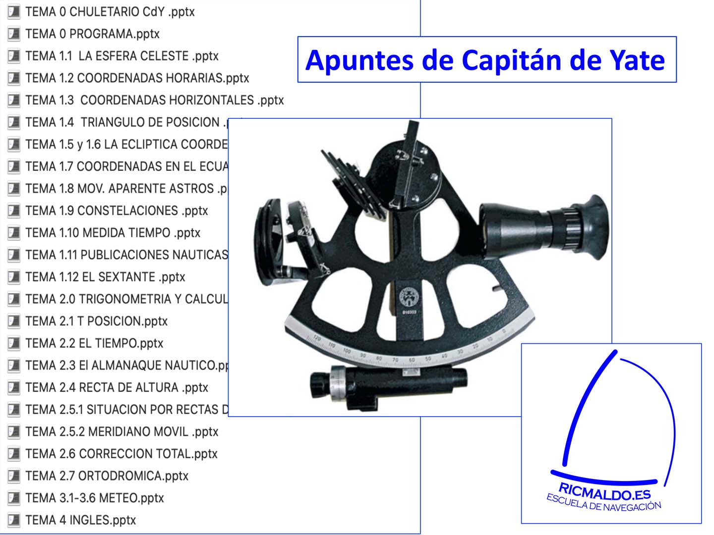 Foto de los apuntes de capitán de yate con los diferentes temas