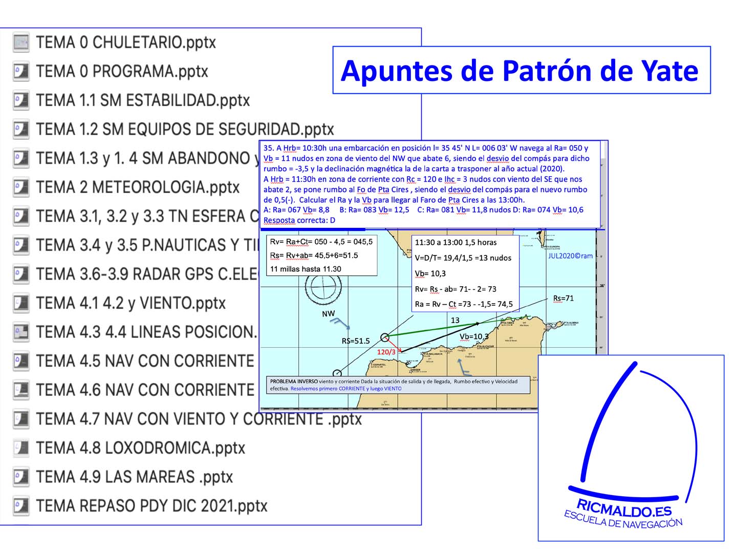 Foto de los apuntes de patrón de yate con los diferentes temas